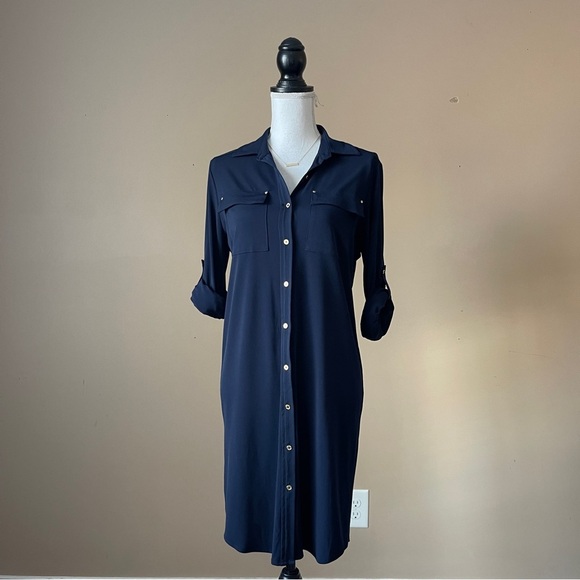 CALVIN KLEIN | Navy Blue Button Down Roll Tab Sleeve Dress Sz 6 - Picture 1 of 8